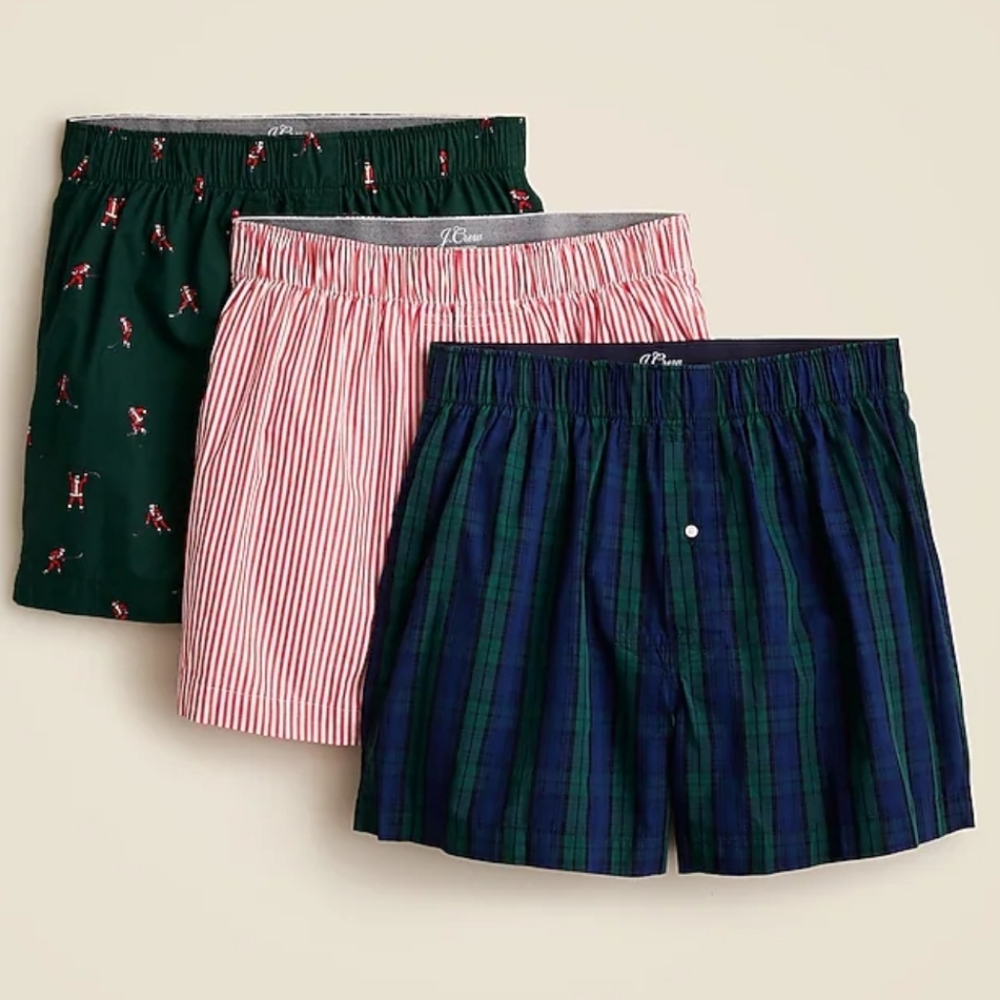 J. Crew Cotton Poplin Boxers - 3 pack - Santa, Plaid, Stripe